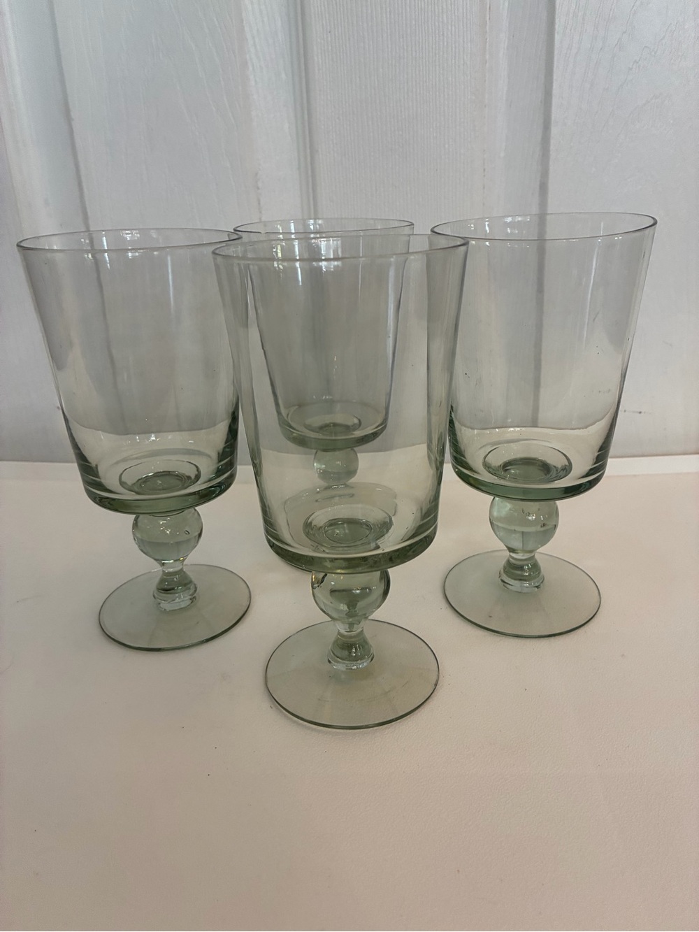Set of 4 Anthropologie Backyard Green Horta Glass Goblets Blown Ball Stem Poland